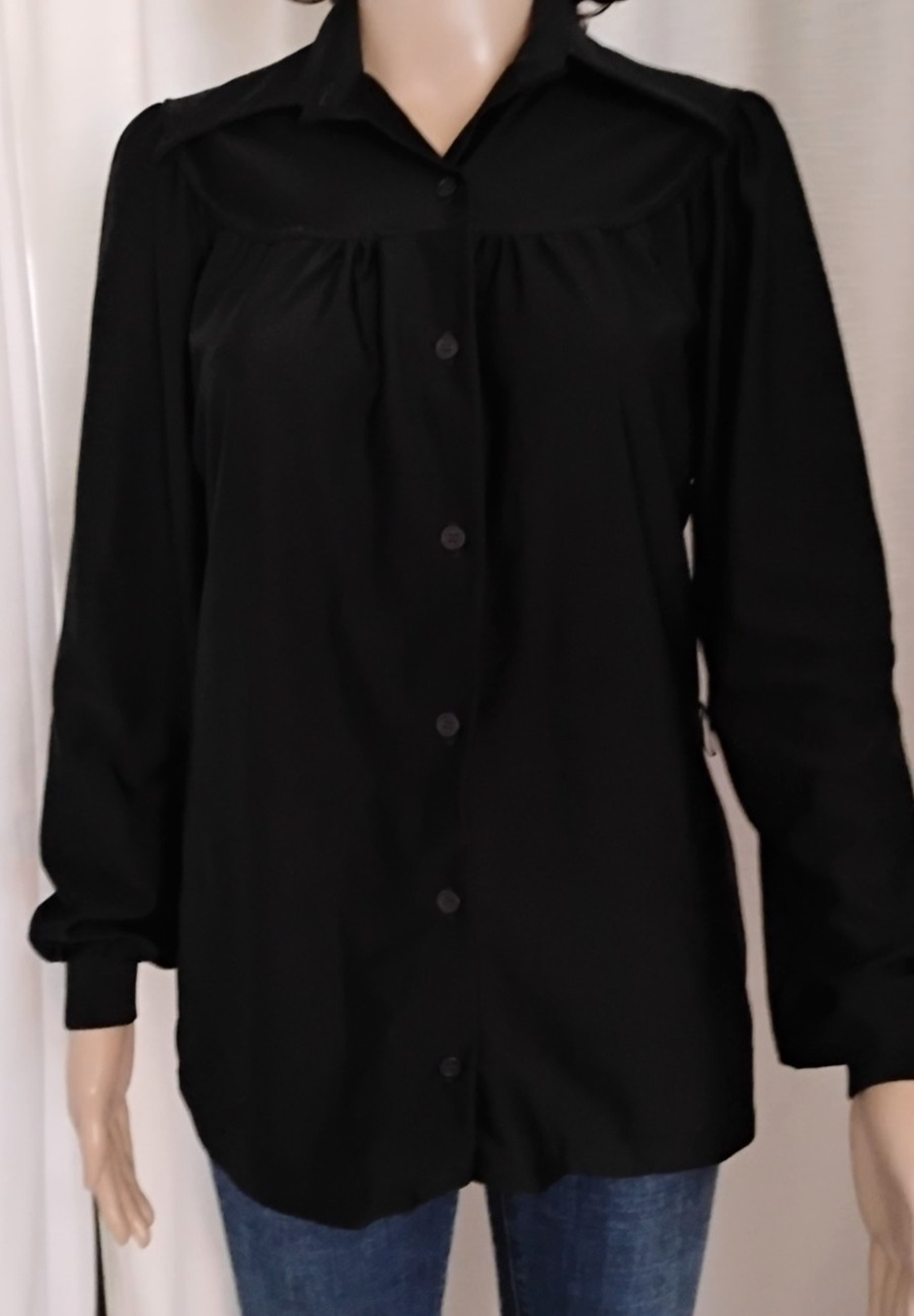 VTG 70s Laura Mae Black Gathered Yoke Balloon Sleeve Blouse Retro Dark Academia